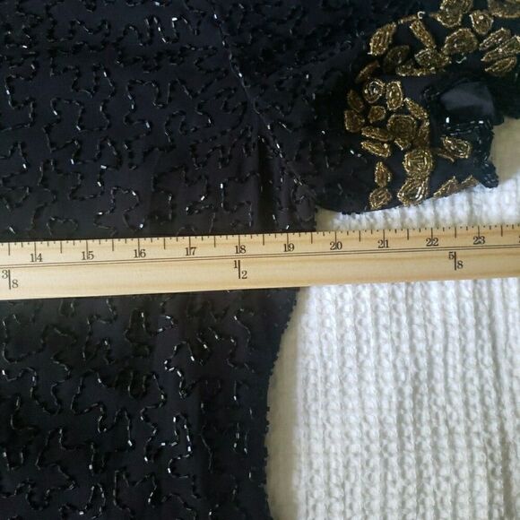 VTG Lourence Kazar Top Blouse Short Sleeves Black Gold Fully Sequins Lined Sz XL - Picture 15 of 15